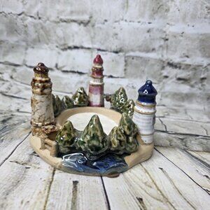 Ceramic Lighthouse Nautical Pillar Candle Holder For 3” Diameter Candle